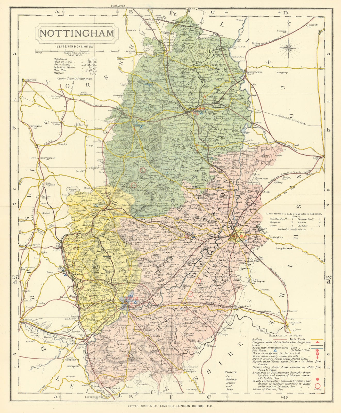 Nottinghamshire county map showing Post Towns & Market Days. LETTS 1884